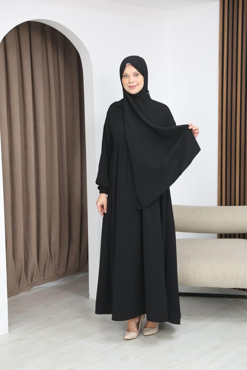 7108 Tesettür Elbise ve Şal Takımı - Siyah