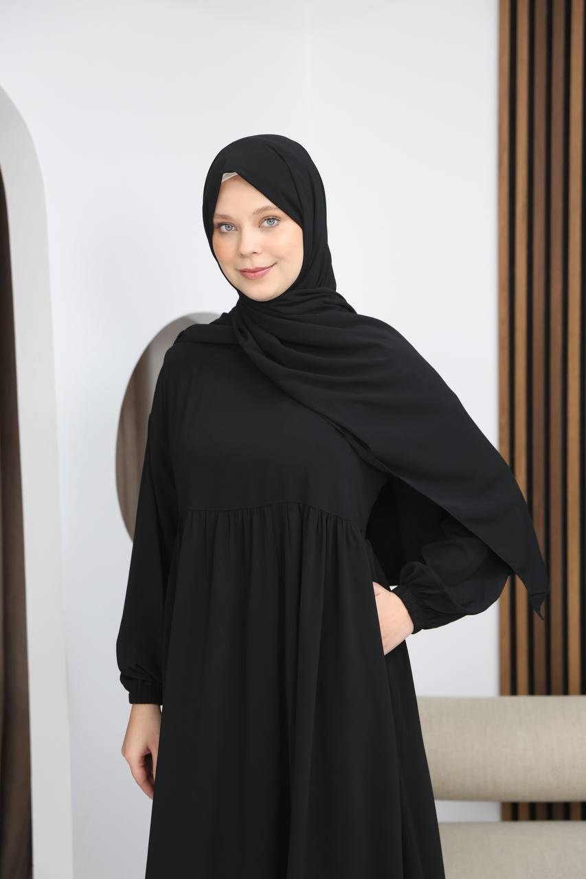7108 Tesettür Elbise ve Şal Takımı - Siyah