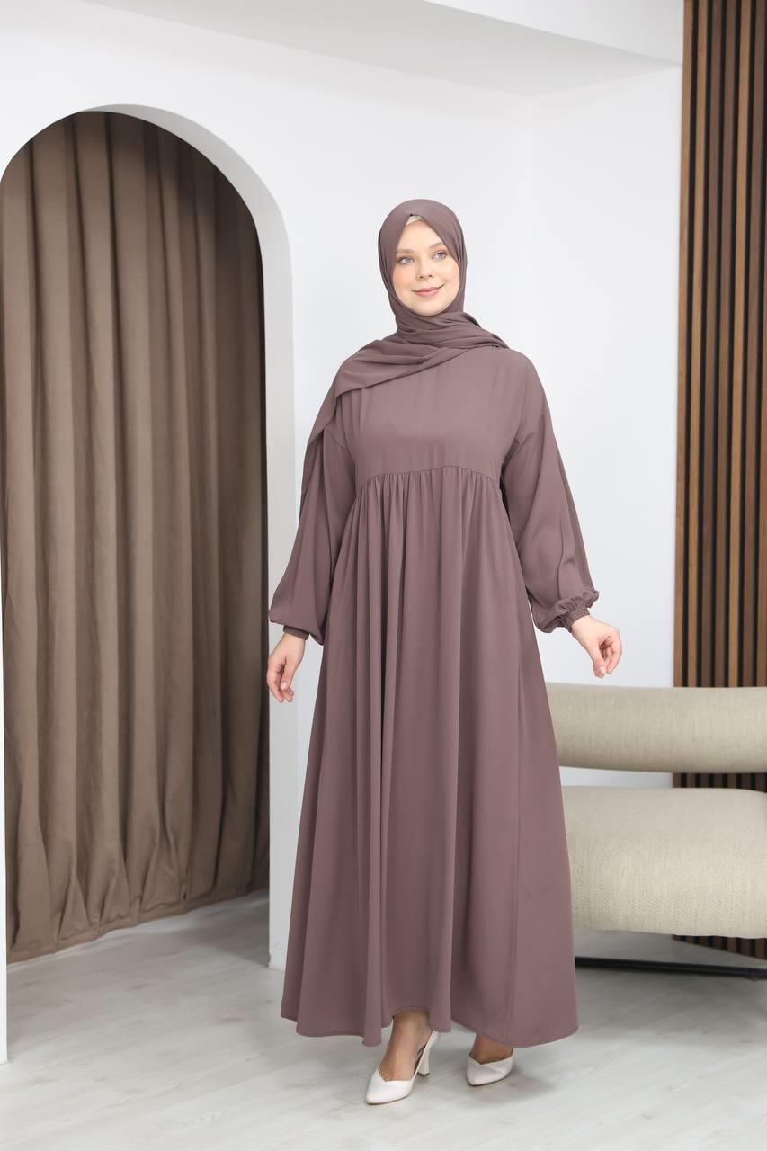 7108 Tesettür Elbise ve Şal Takımı - Sütlü Kahve