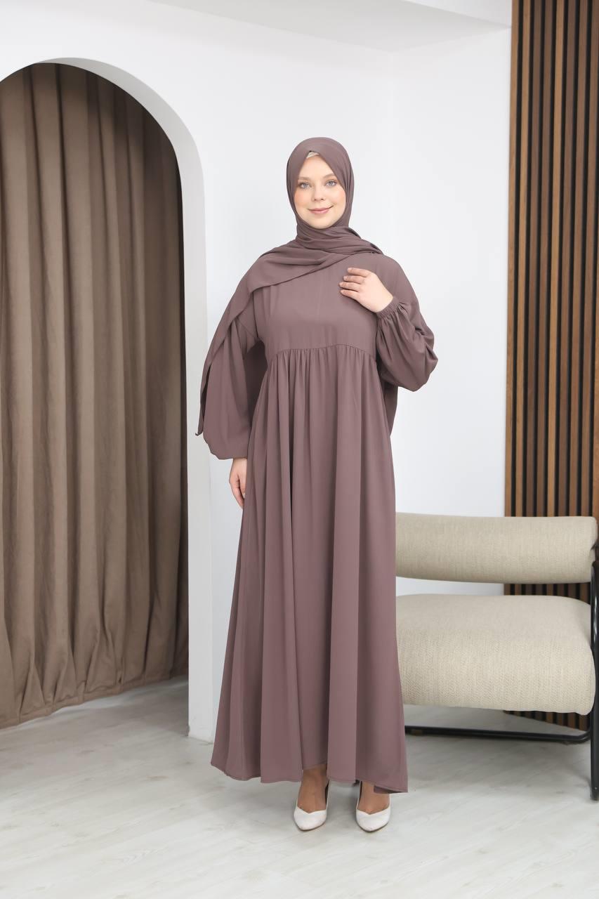 7108 Tesettür Elbise ve Şal Takımı - Sütlü Kahve