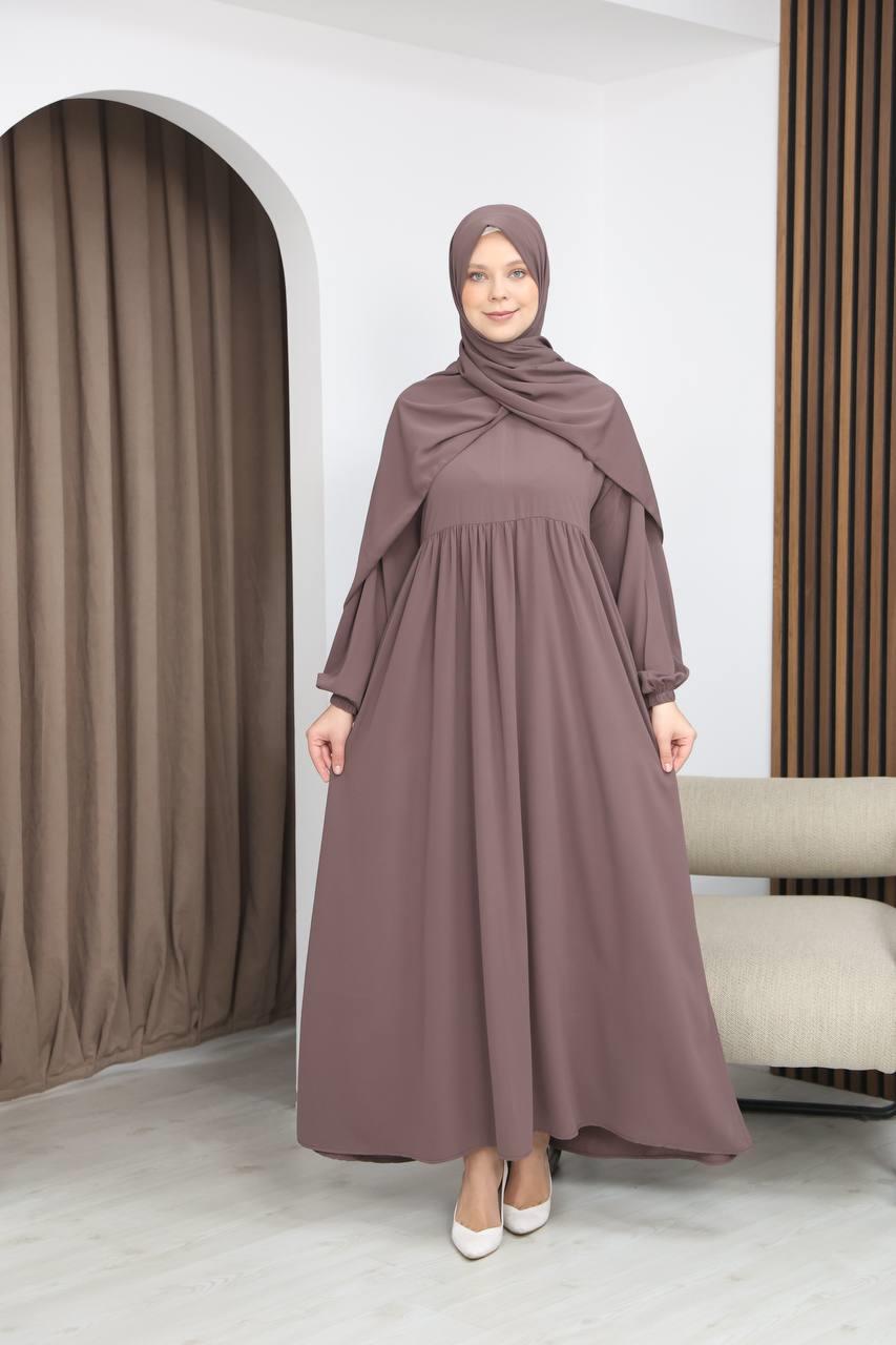 7108 Tesettür Elbise ve Şal Takımı - Sütlü Kahve