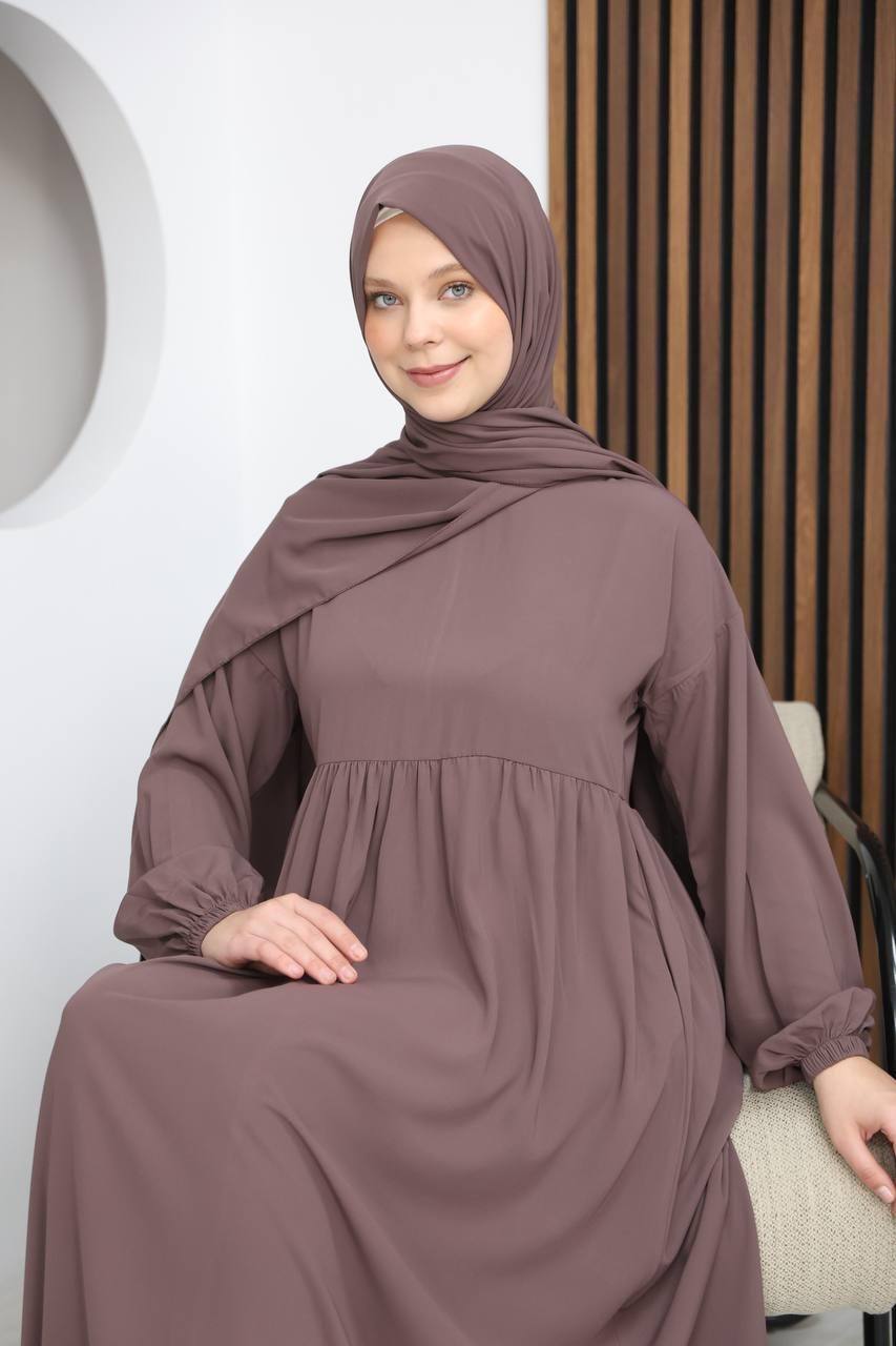 7108 Tesettür Elbise ve Şal Takımı - Sütlü Kahve