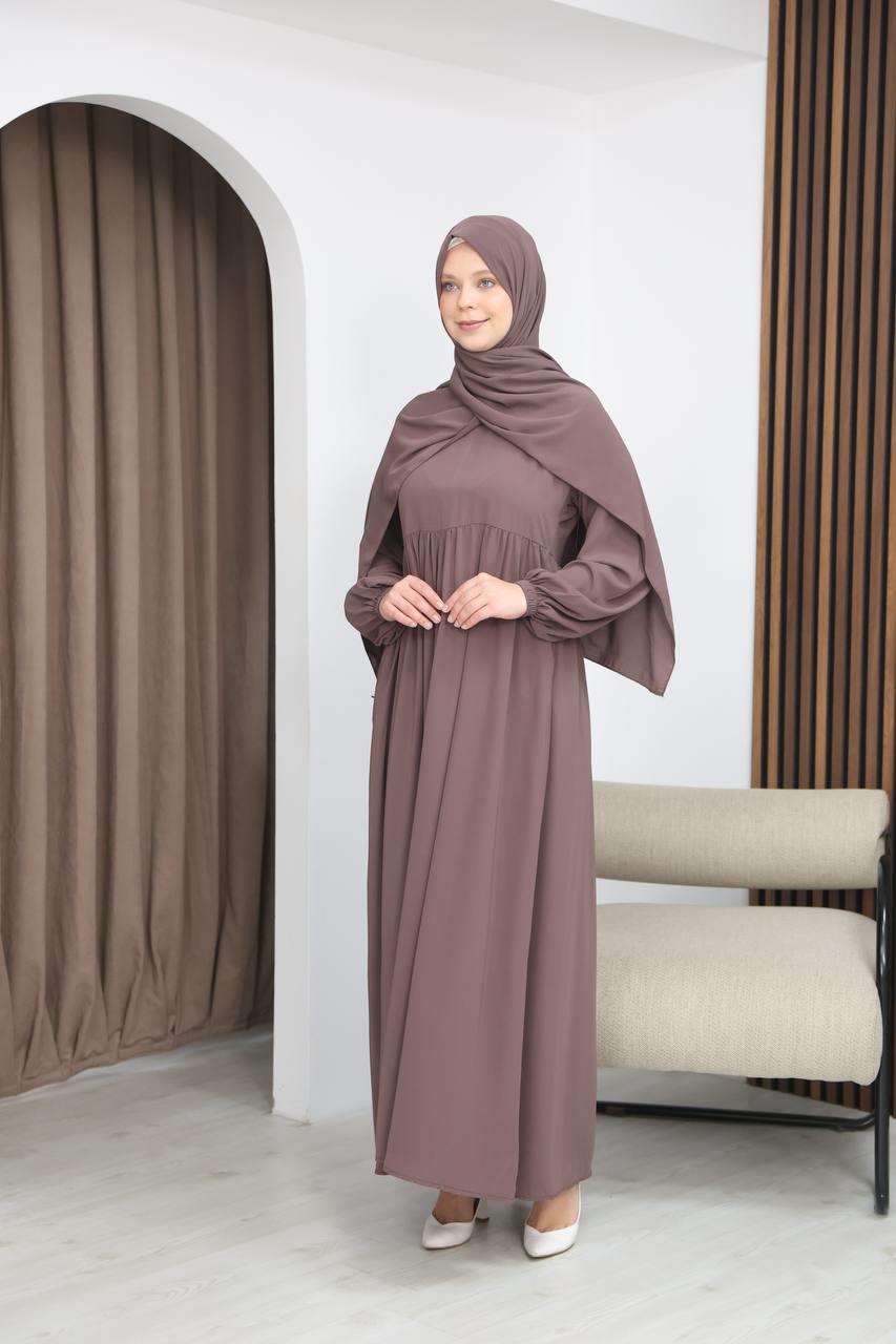 7108 Tesettür Elbise ve Şal Takımı - Sütlü Kahve