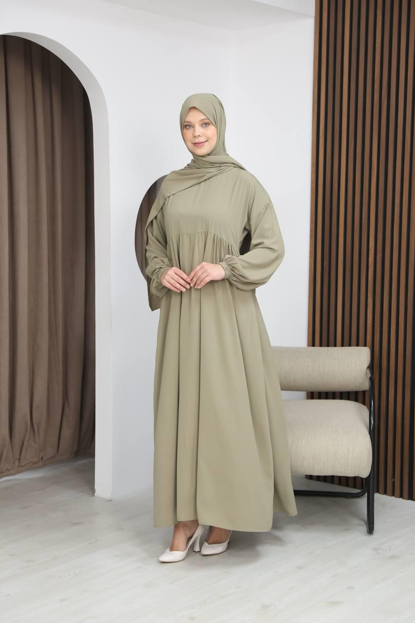 7108 Tesettür Elbise ve Şal Takımı - Zeytin Yeşili