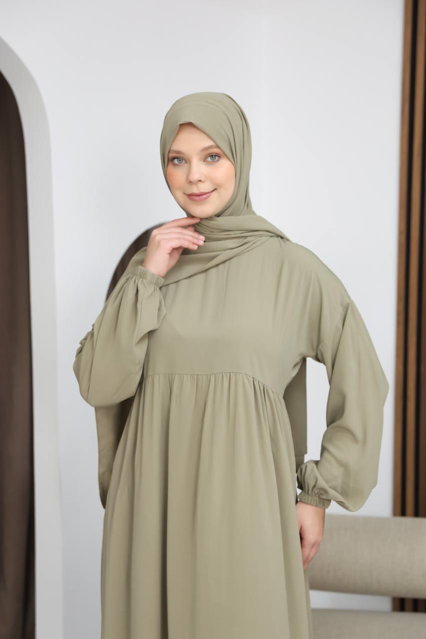 7108 Tesettür Elbise ve Şal Takımı - Zeytin Yeşili