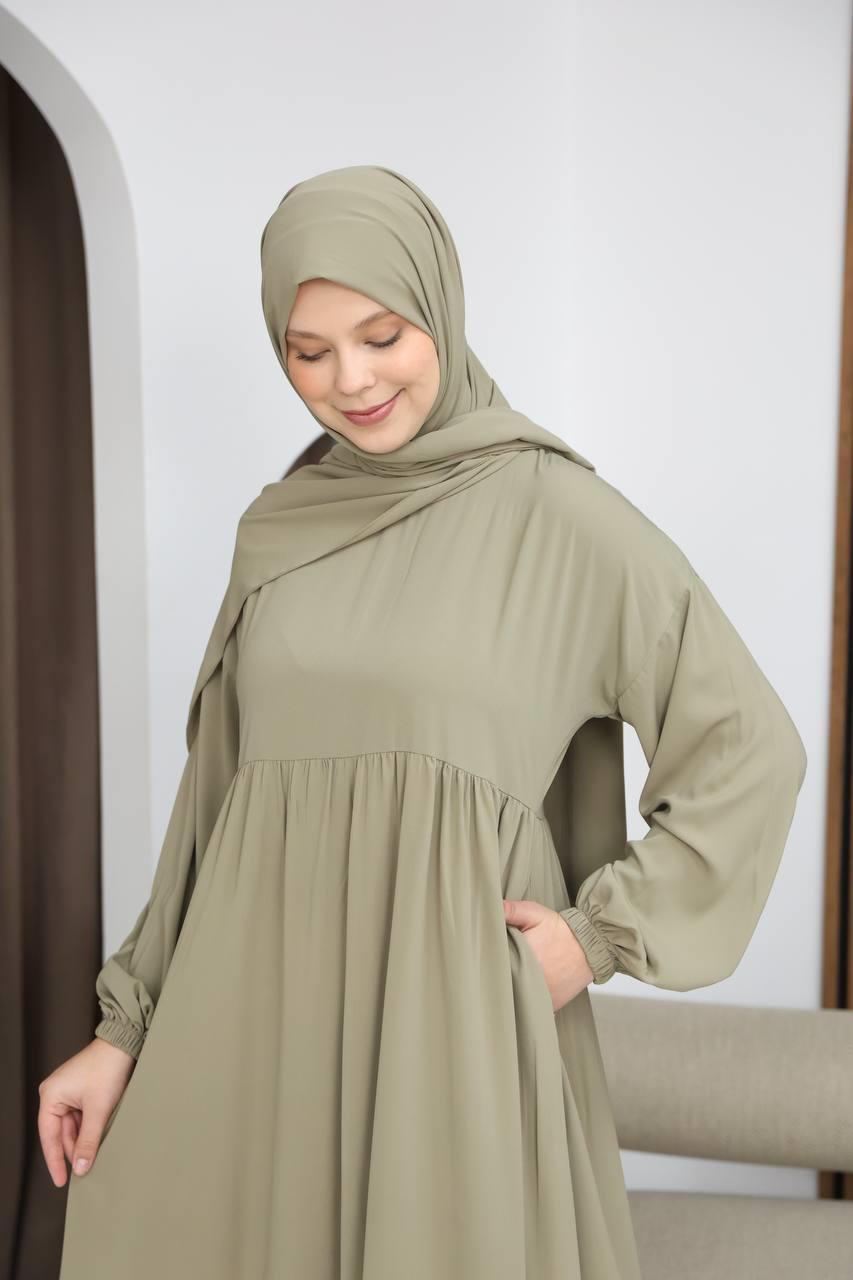 7108 Tesettür Elbise ve Şal Takımı - Zeytin Yeşili