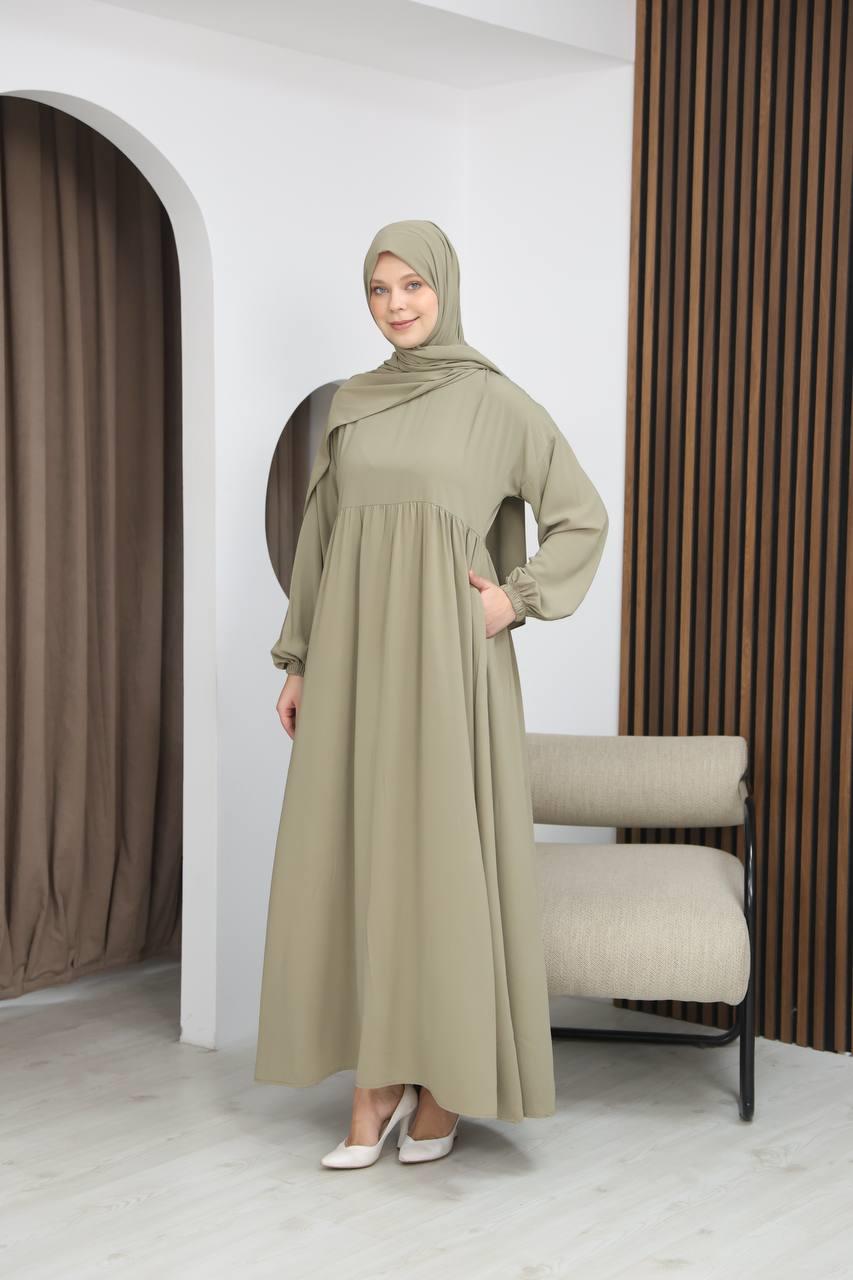 7108 Tesettür Elbise ve Şal Takımı - Zeytin Yeşili