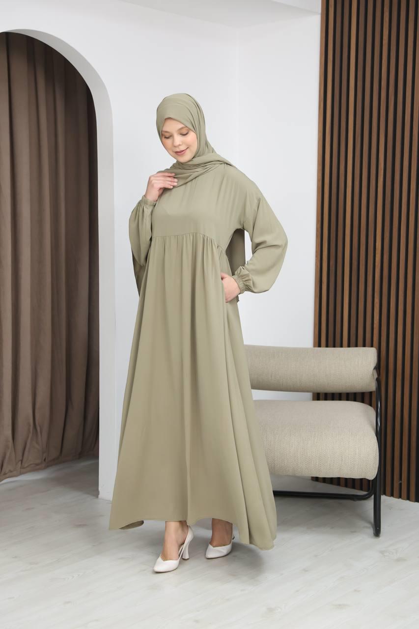 7108 Tesettür Elbise ve Şal Takımı - Zeytin Yeşili