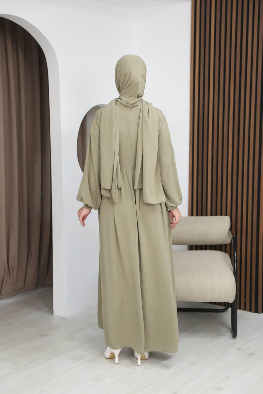 7108 Tesettür Elbise ve Şal Takımı - Zeytin Yeşili