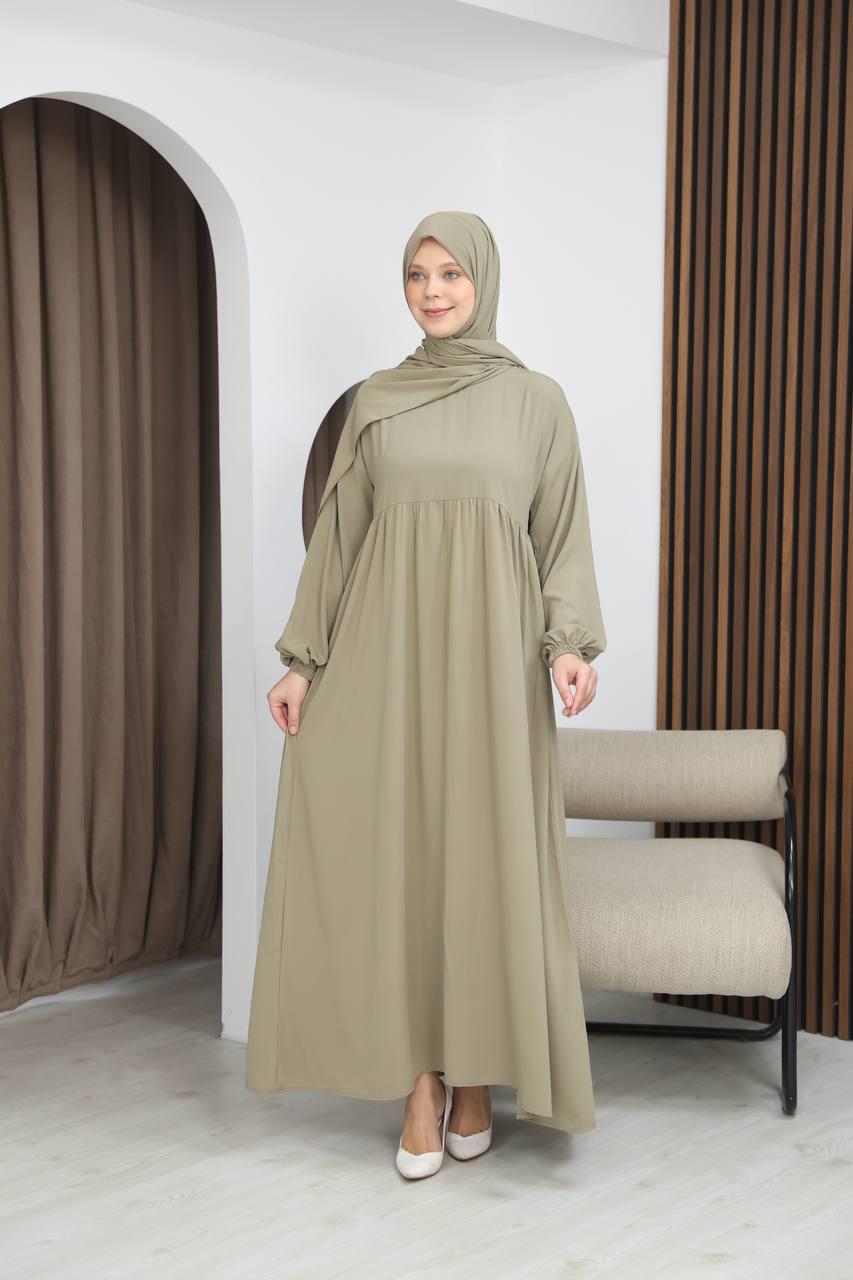 7108 Tesettür Elbise ve Şal Takımı - Zeytin Yeşili