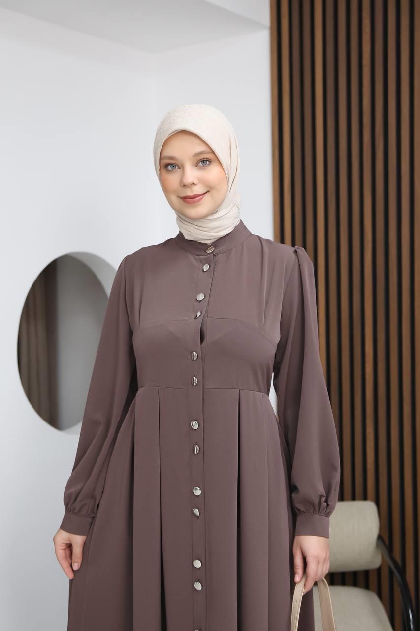 7112 Modern Pileli Elbise - Kahverengi
