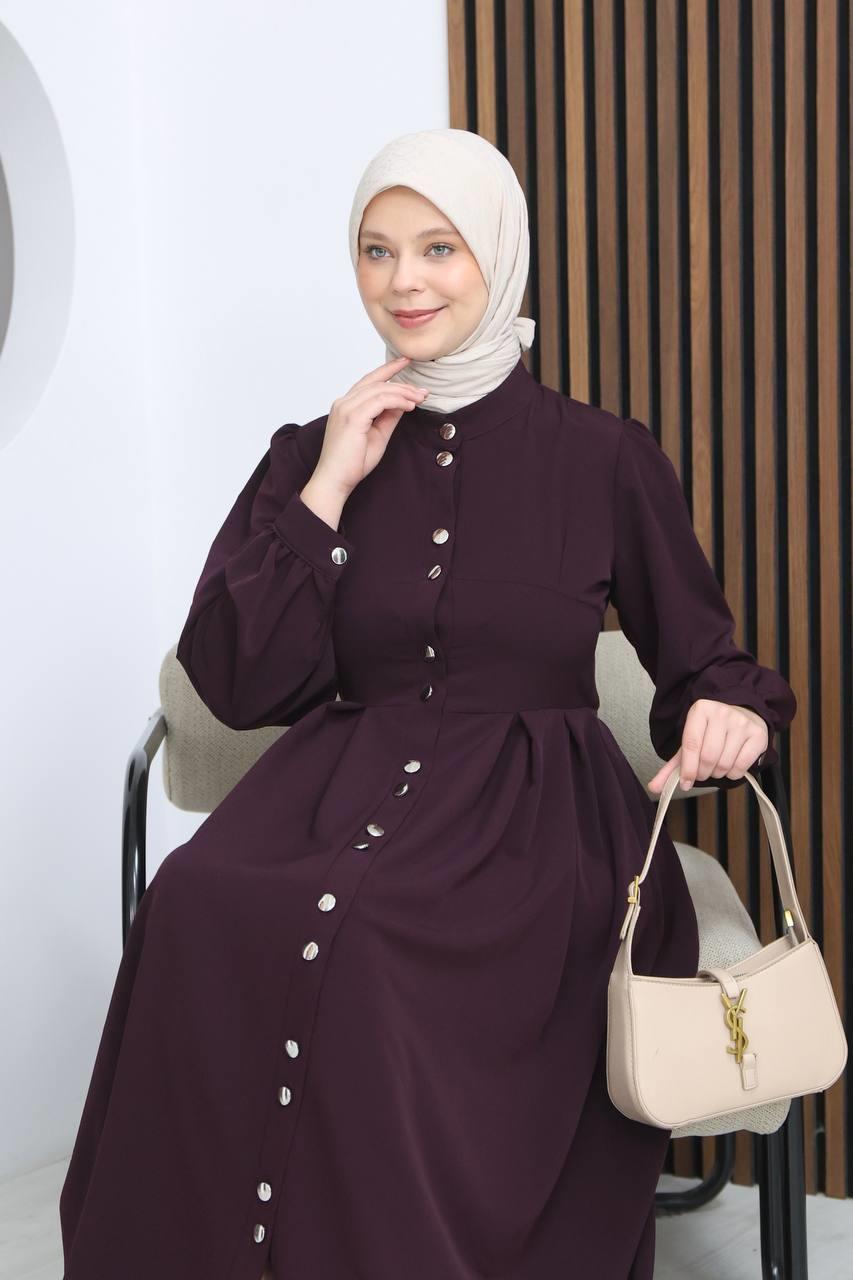 7112 Modern Pileli Elbise - Mürdüm