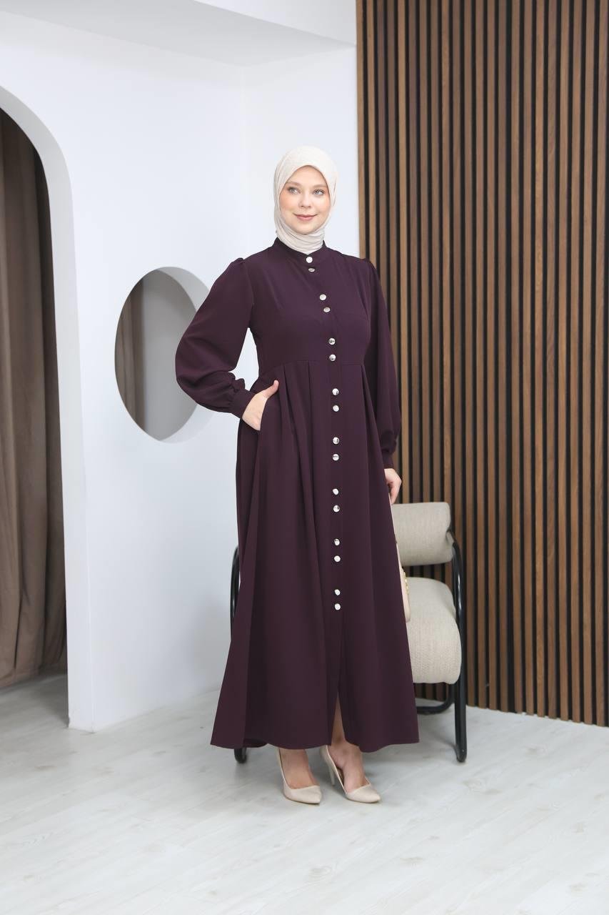7112 Modern Pileli Elbise - Mürdüm