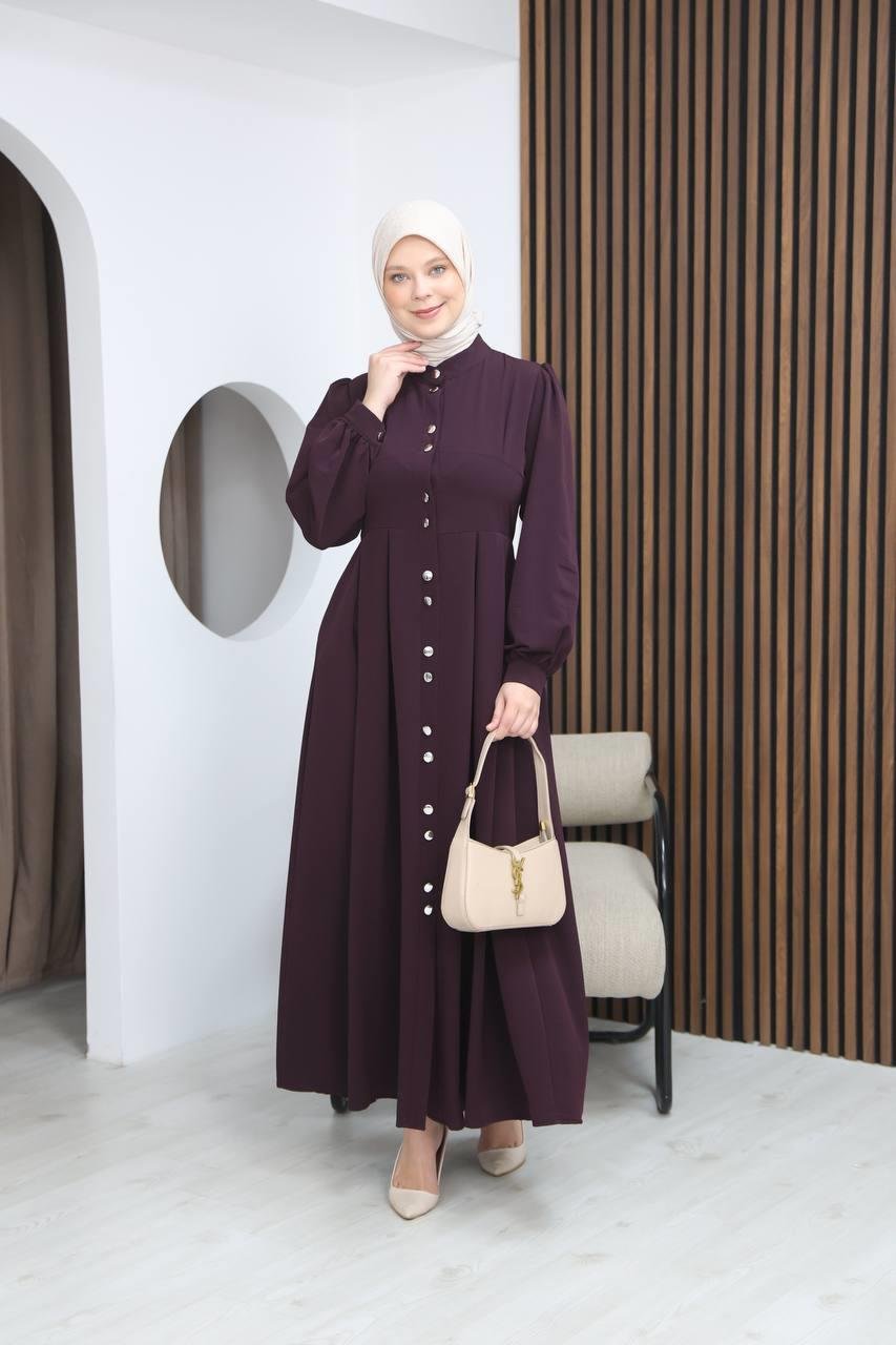 7112 Modern Pileli Elbise - Mürdüm