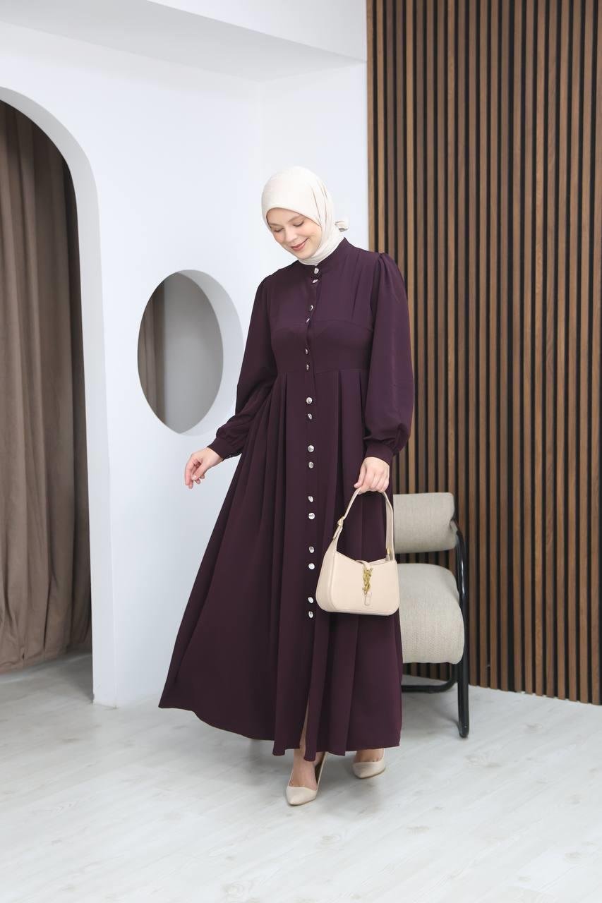 7112 Modern Pileli Elbise - Mürdüm