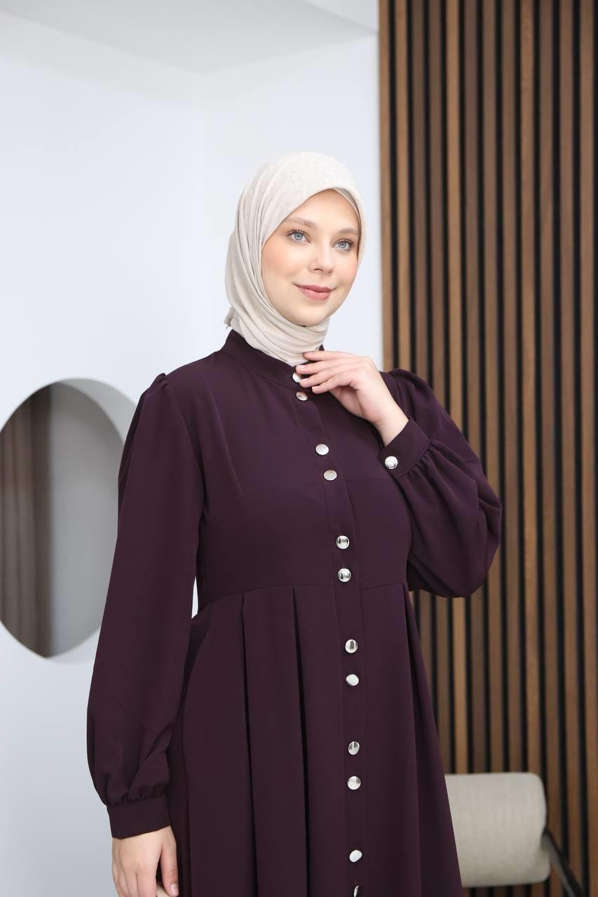 7112 Modern Pileli Elbise - Mürdüm