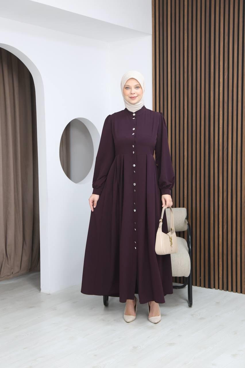 7112 Modern Pileli Elbise - Mürdüm