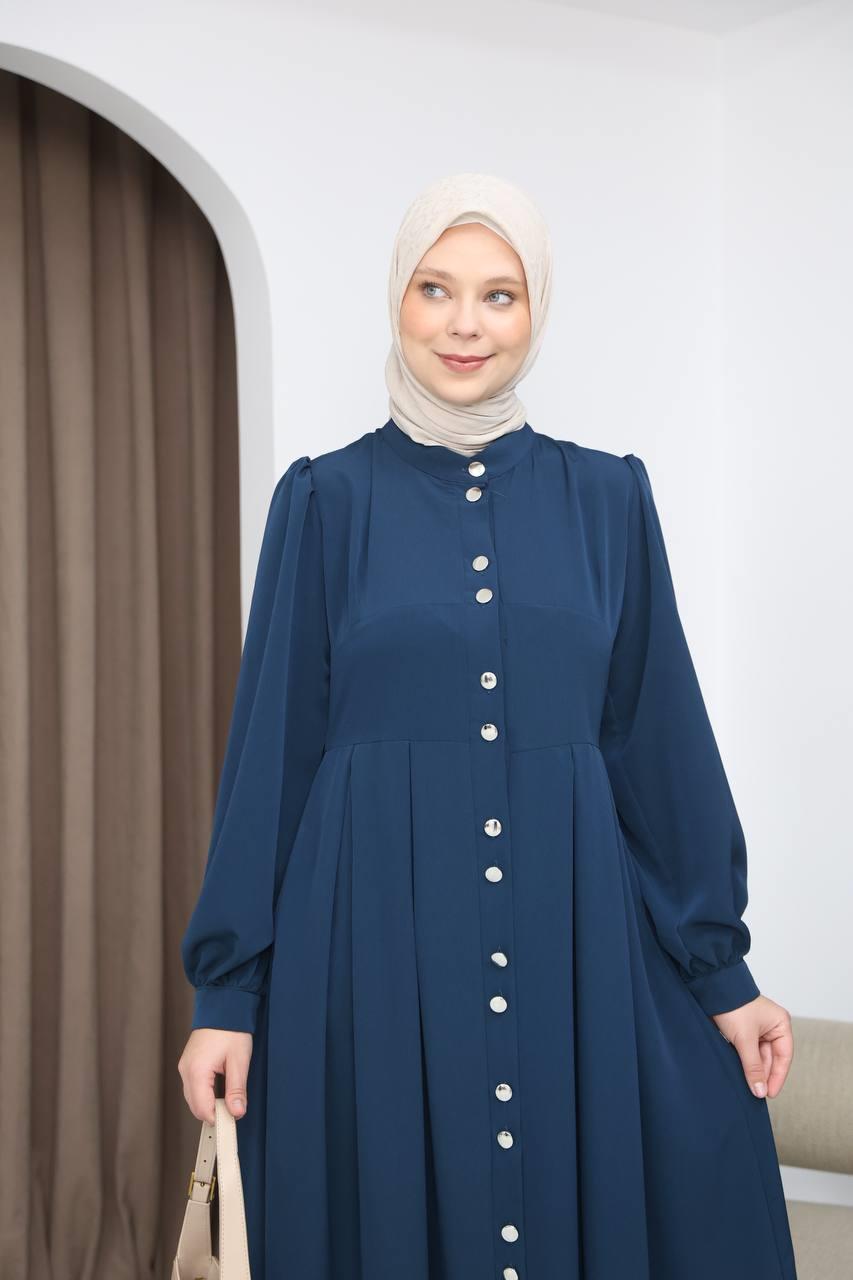 7112 Modern Pileli Elbise - Saks Mavisi