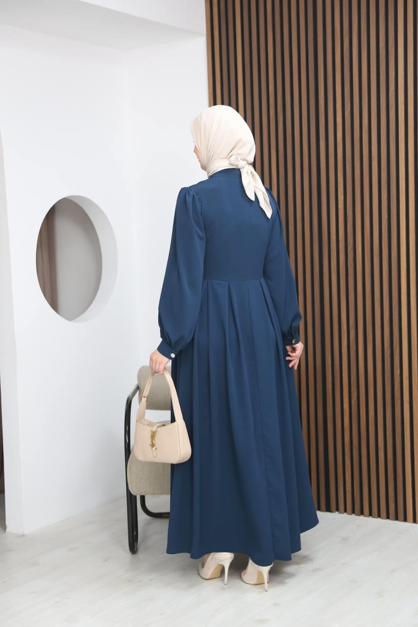 7112 Modern Pileli Elbise - Saks Mavisi