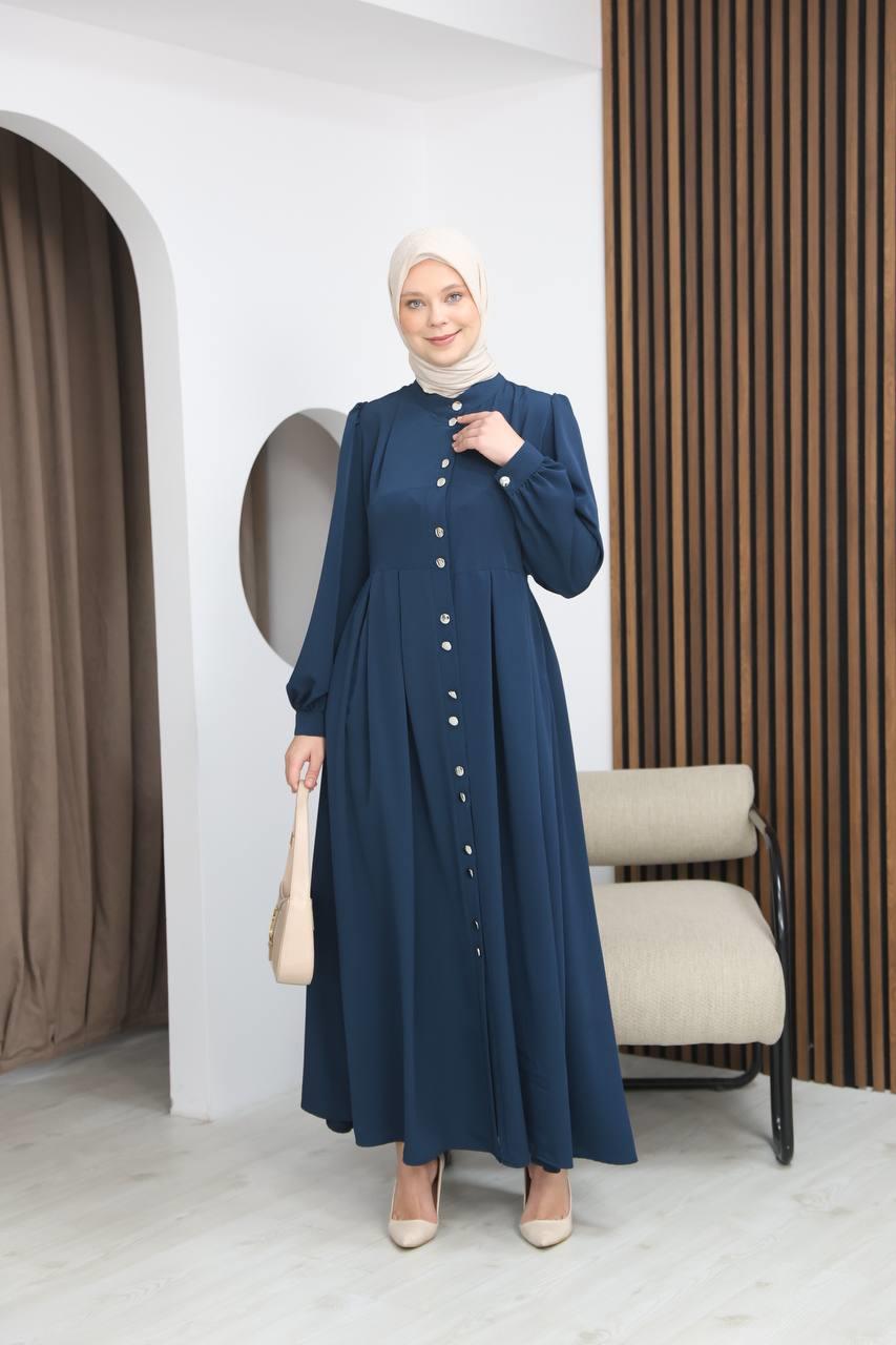 7112 Modern Pileli Elbise - Saks Mavisi