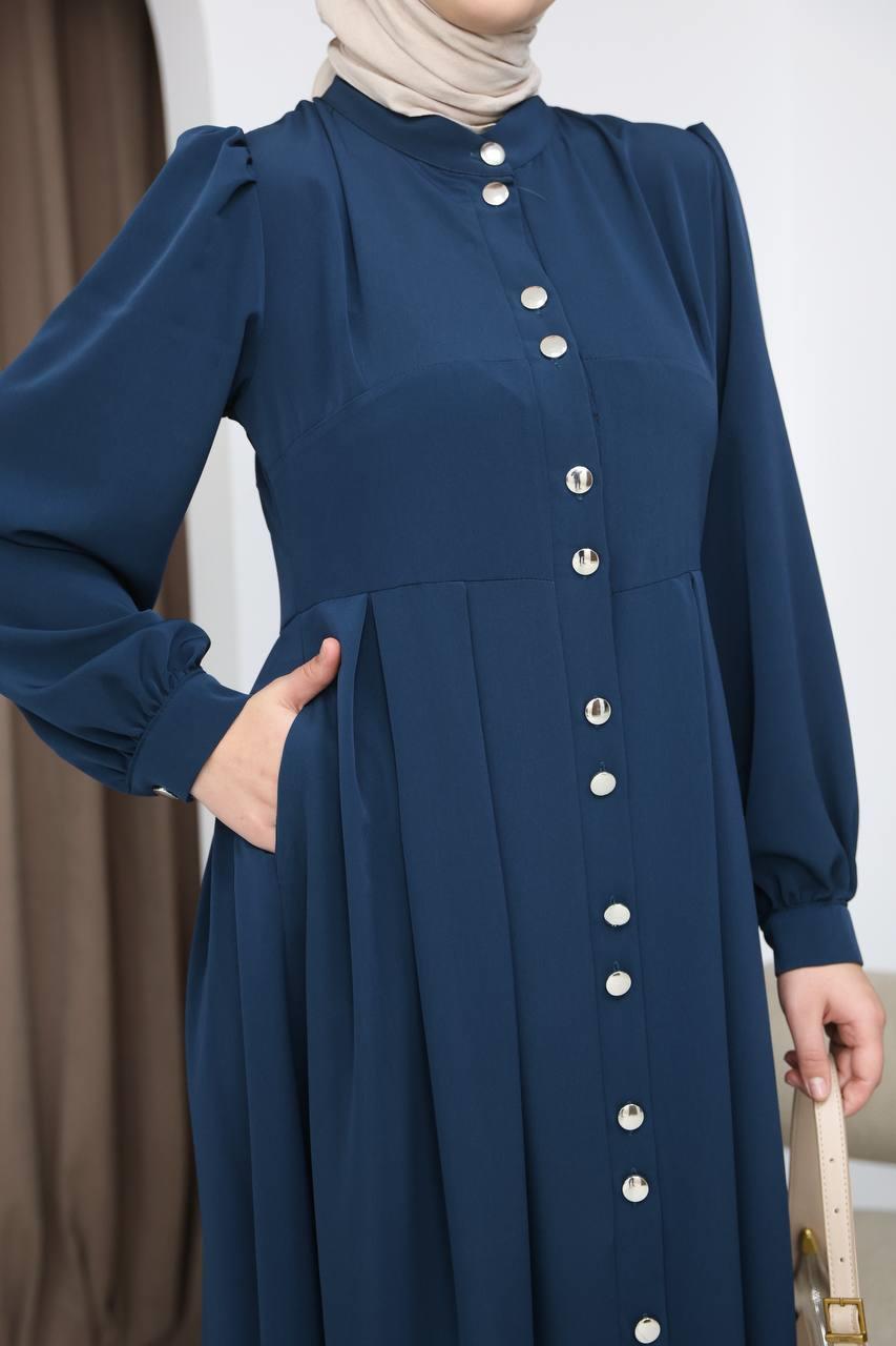 7112 Modern Pileli Elbise - Saks Mavisi