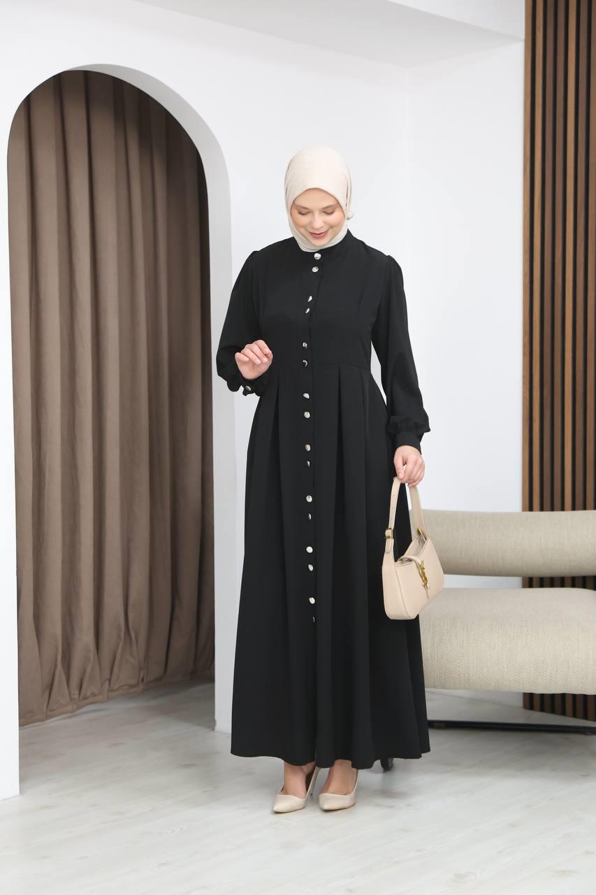 7112 Modern Pileli Elbise - Siyah