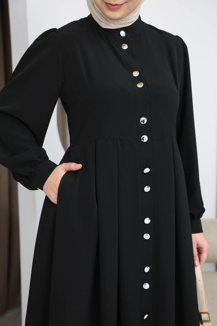 7112 Modern Pileli Elbise - Siyah