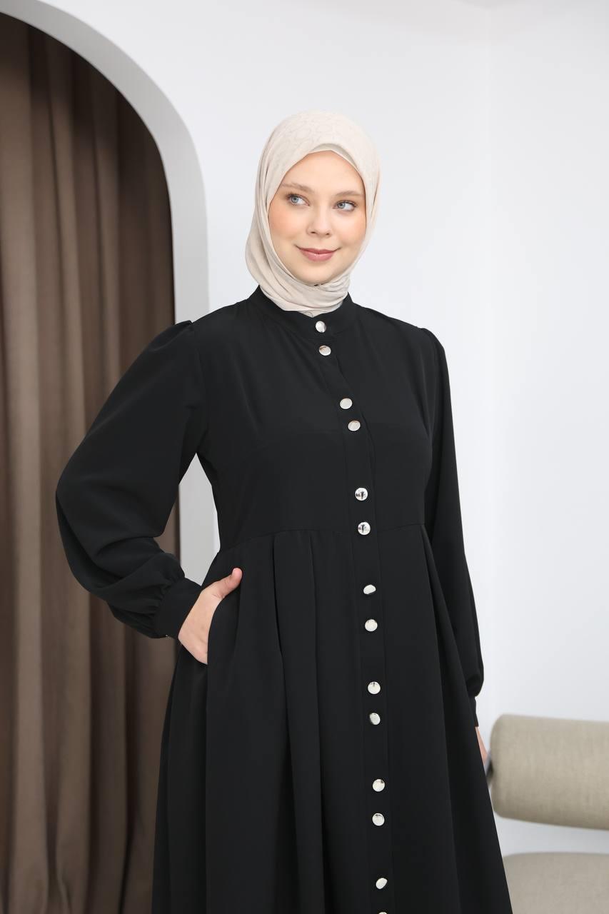 7112 Modern Pileli Elbise - Siyah