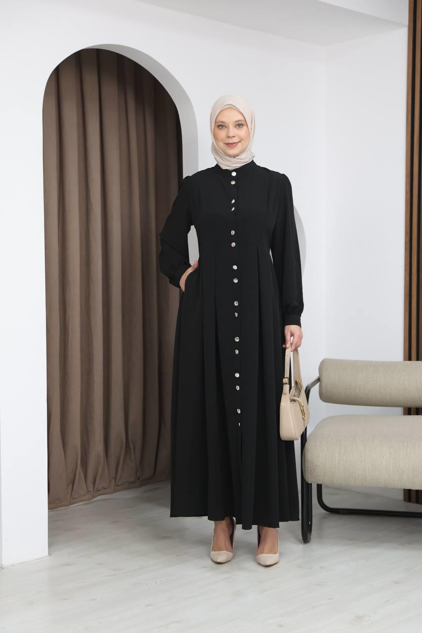 7112 Modern Pileli Elbise - Siyah