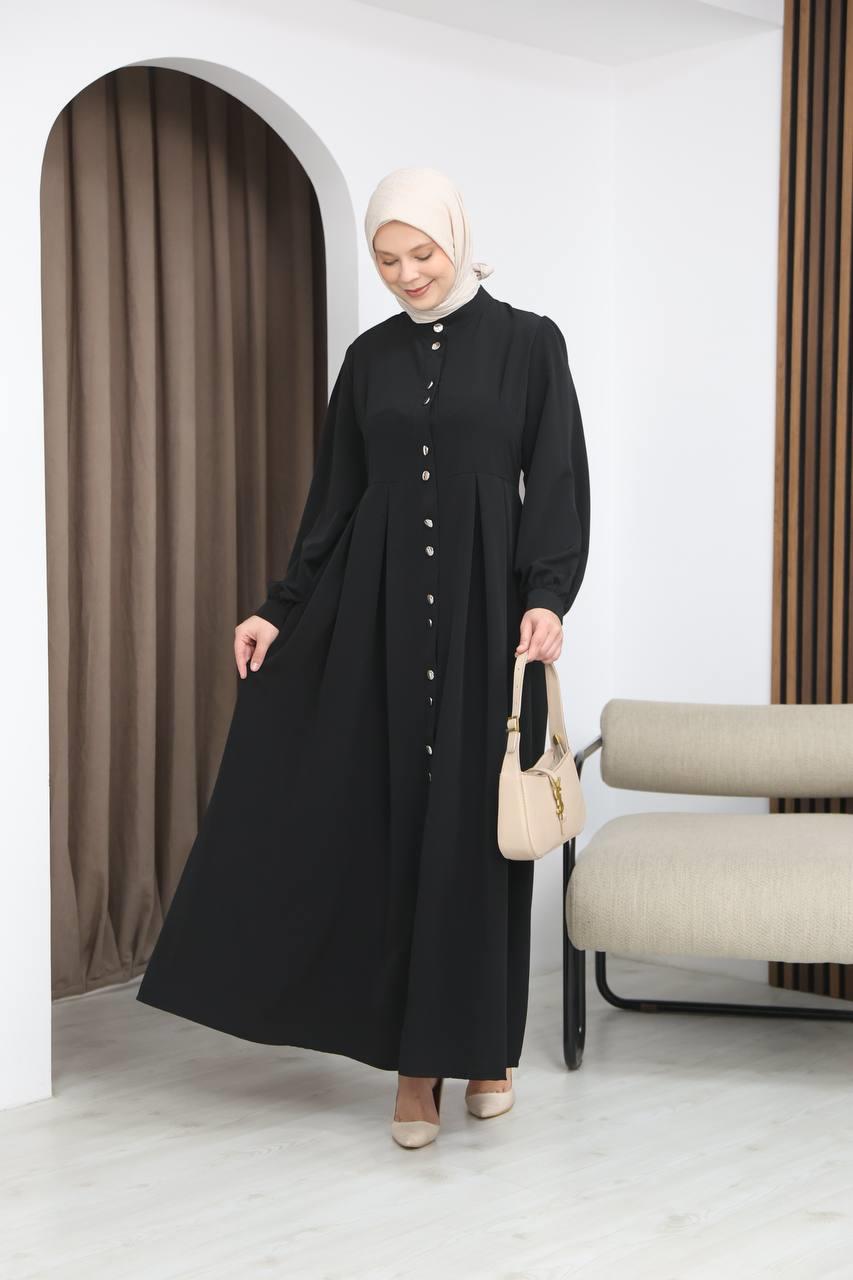 7112 Modern Pileli Elbise - Siyah