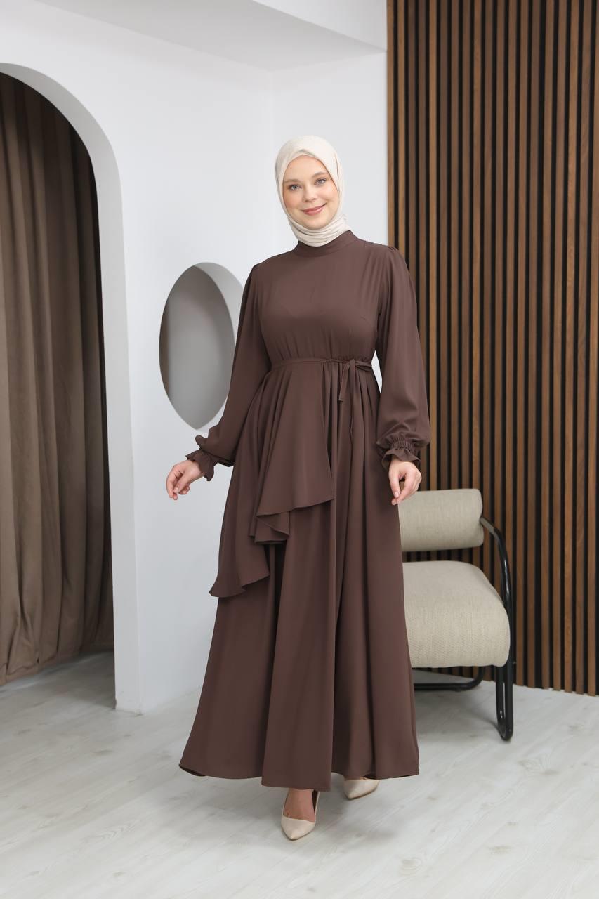 7113 Zarif İki Parça Elbise - Kahverengi
