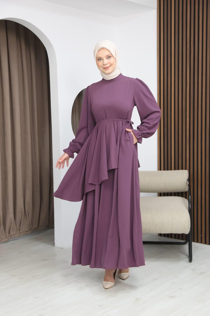 7113 Zarif İki Parça Elbise - Lila