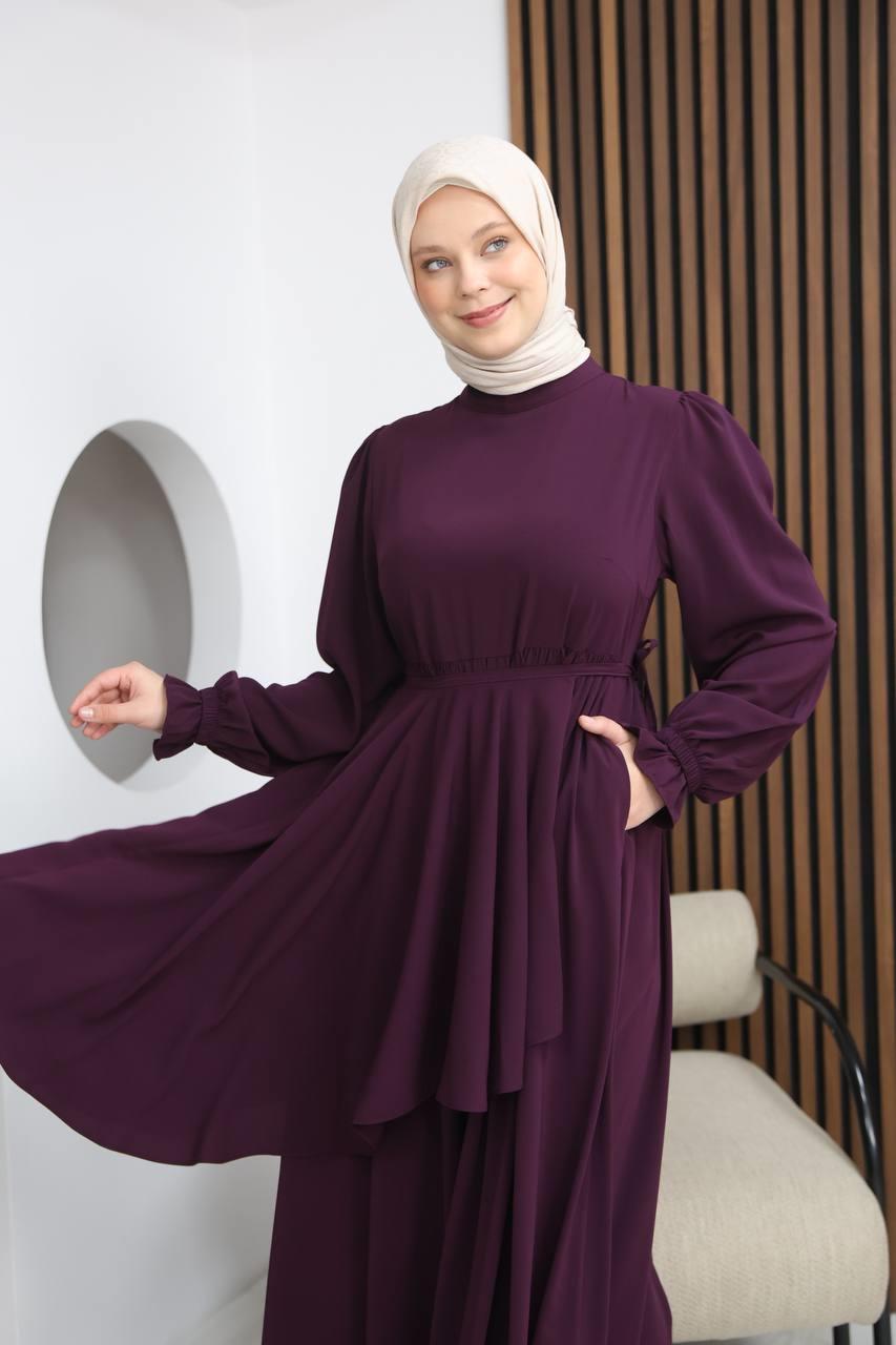 7113 Zarif İki Parça Elbise - Mürdüm