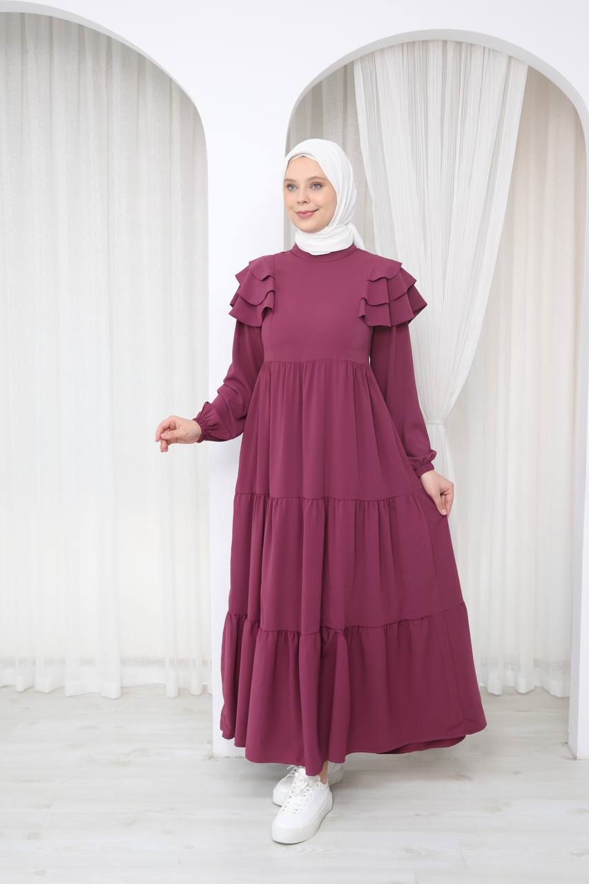 7121 Nazlı Kat Kat Elbise - Gül kurusu