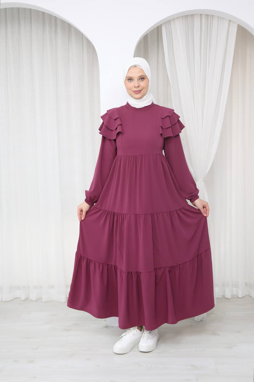 7121 Nazlı Kat Kat Elbise - Gül kurusu