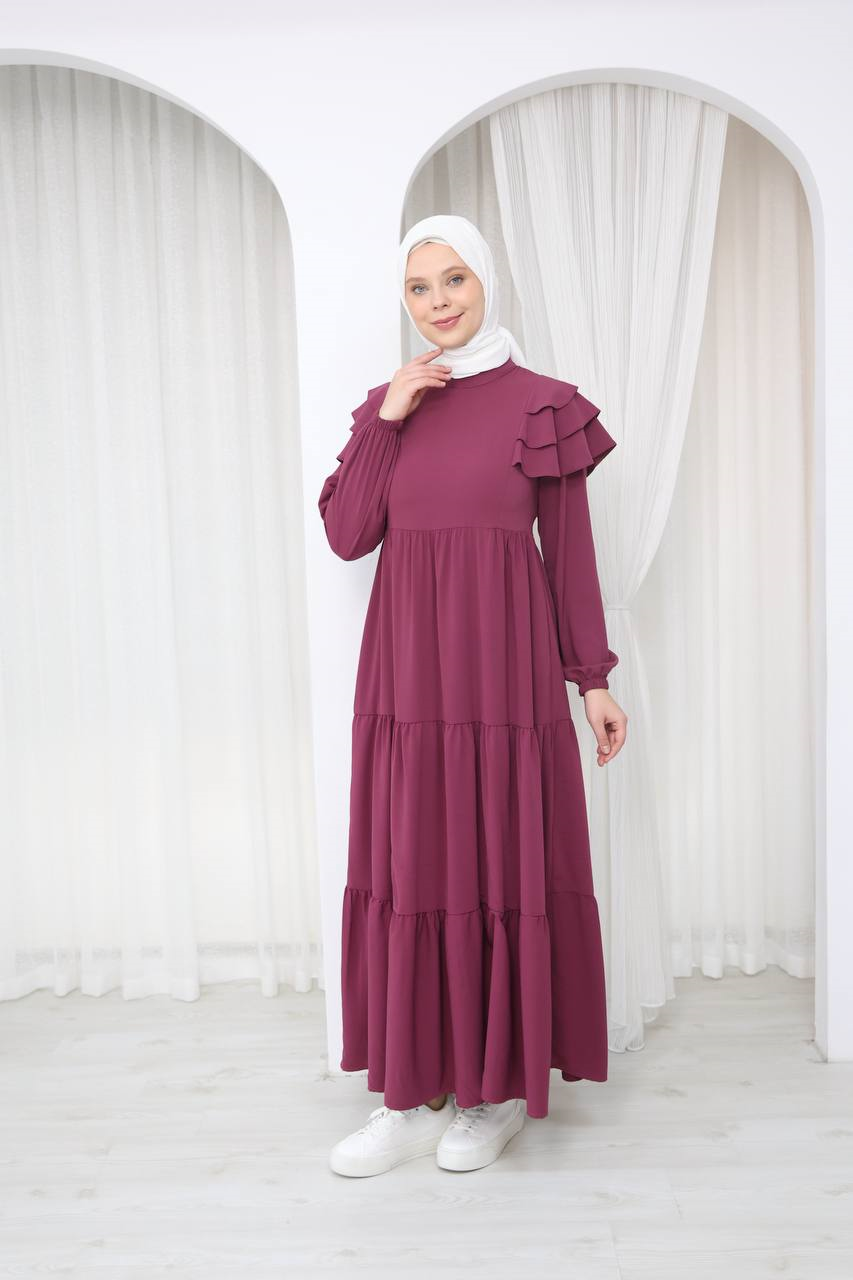 7121 Nazlı Kat Kat Elbise - Gül kurusu