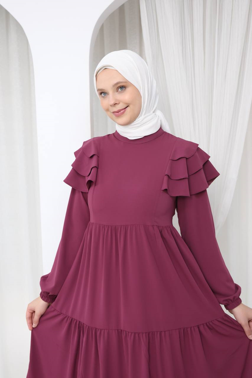 7121 Nazlı Kat Kat Elbise - Gül kurusu