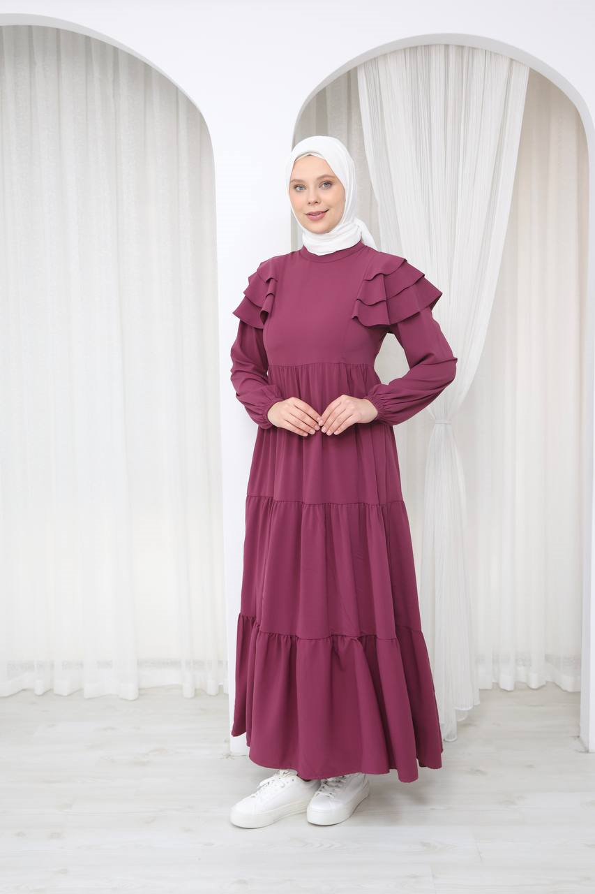 7121 Nazlı Kat Kat Elbise - Gül kurusu