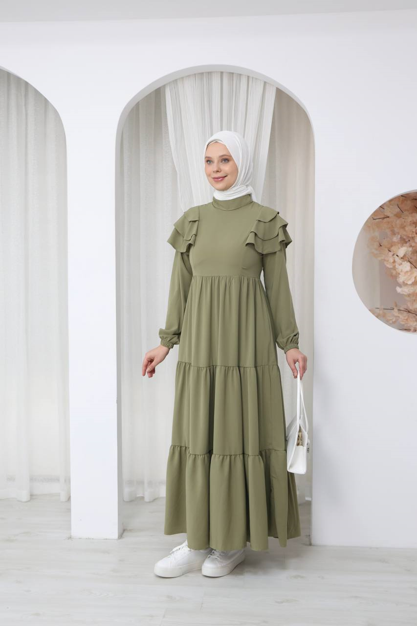 7121 Nazlı Kat Kat Elbise - Haki