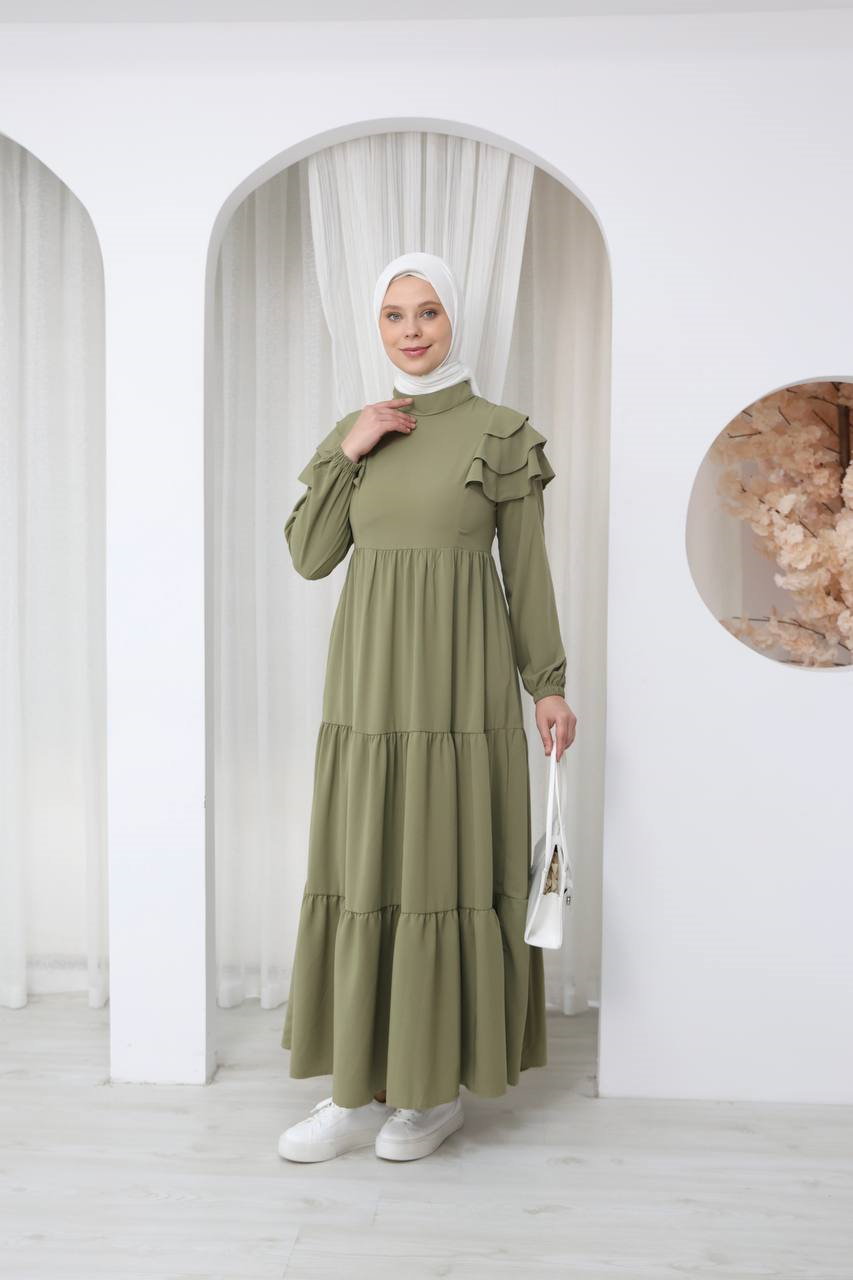 7121 Nazlı Kat Kat Elbise - Haki