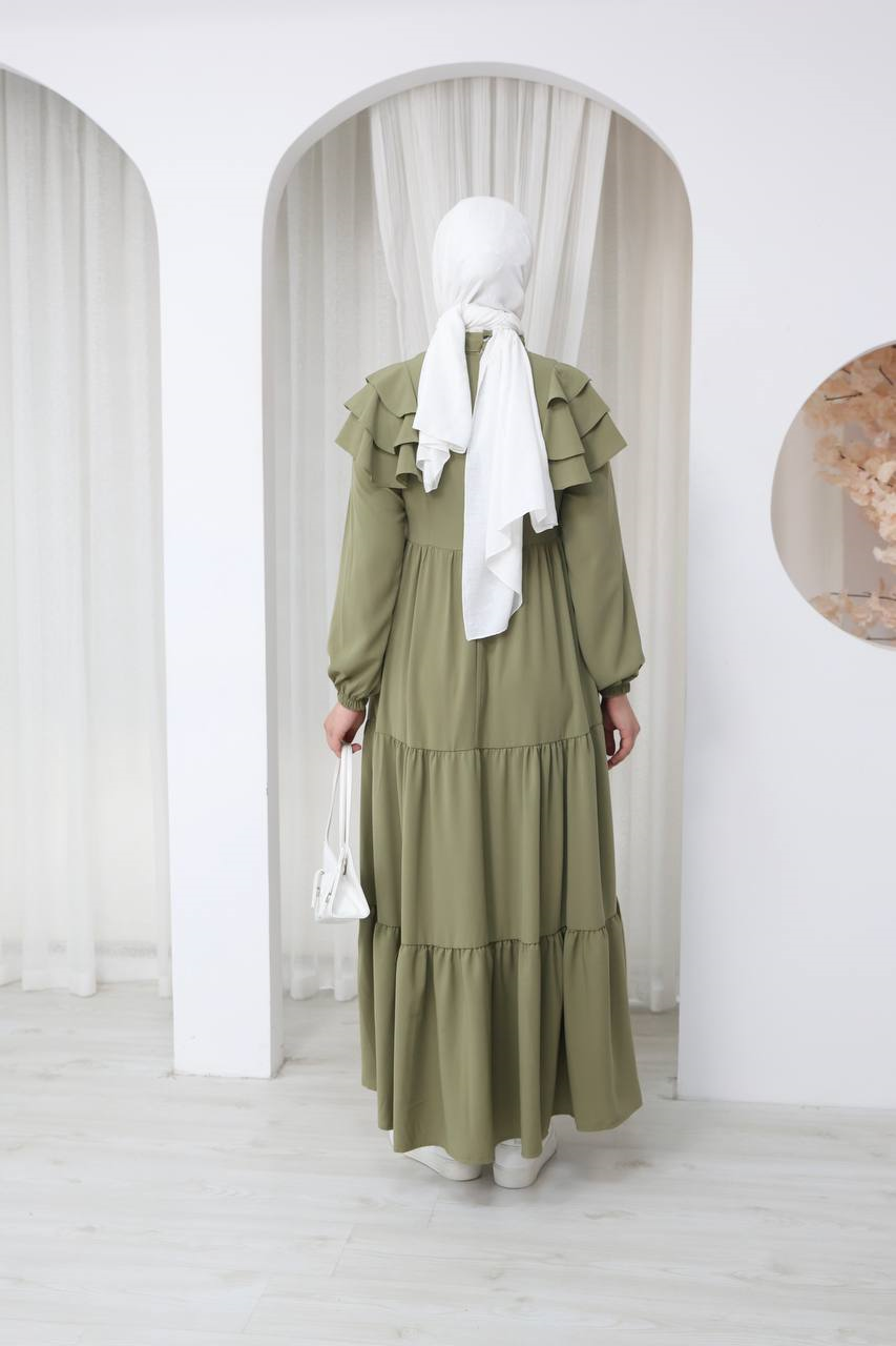 7121 Nazlı Kat Kat Elbise - Haki