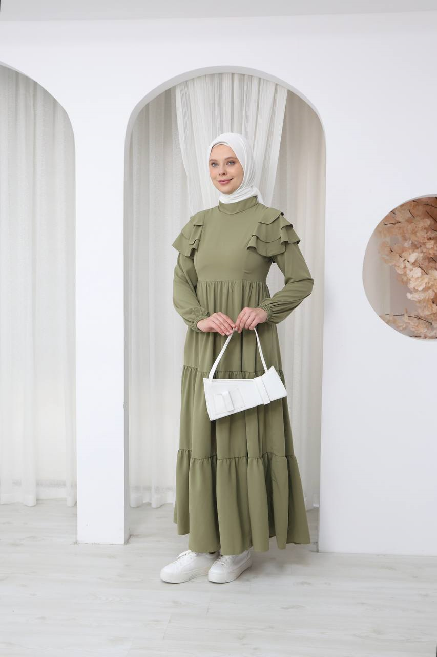 7121 Nazlı Kat Kat Elbise - Haki