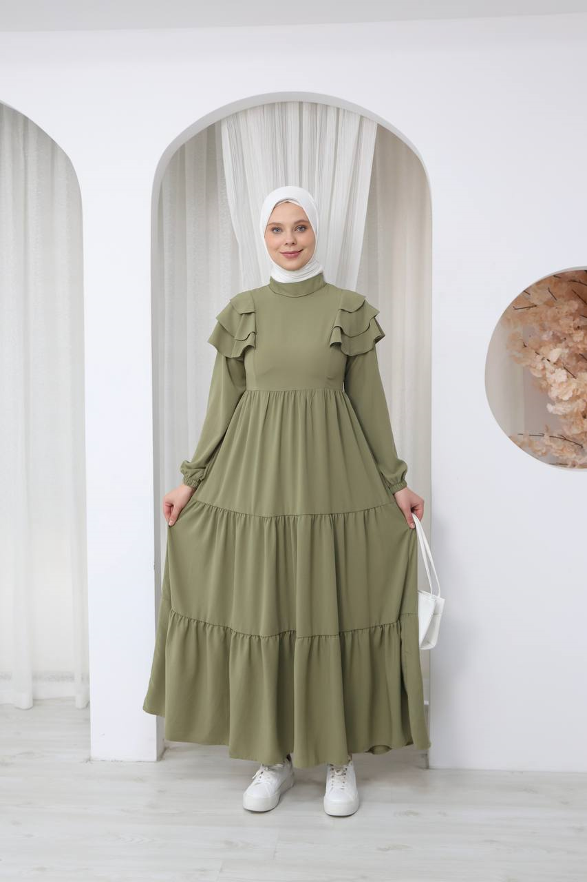 7121 Nazlı Kat Kat Elbise - Haki