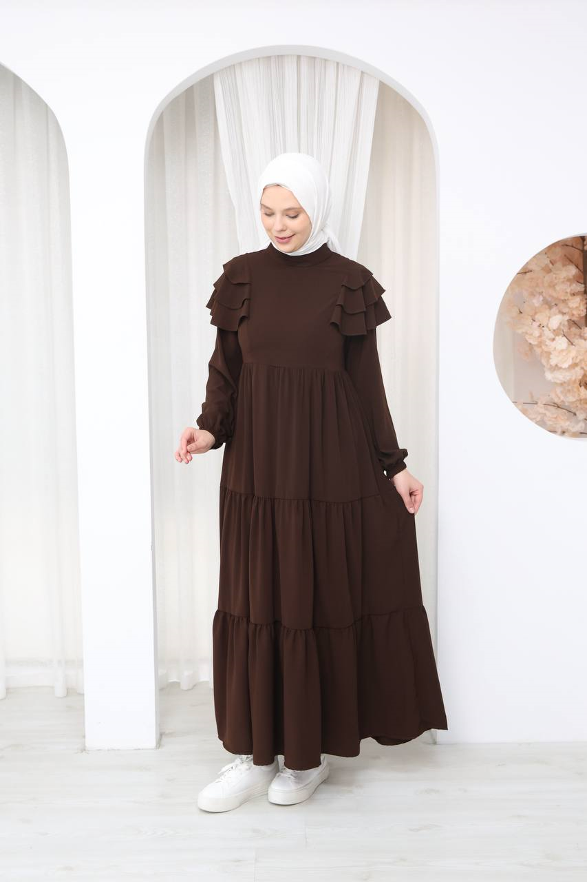 7121 Nazlı Kat Kat Elbise - Kahverengi