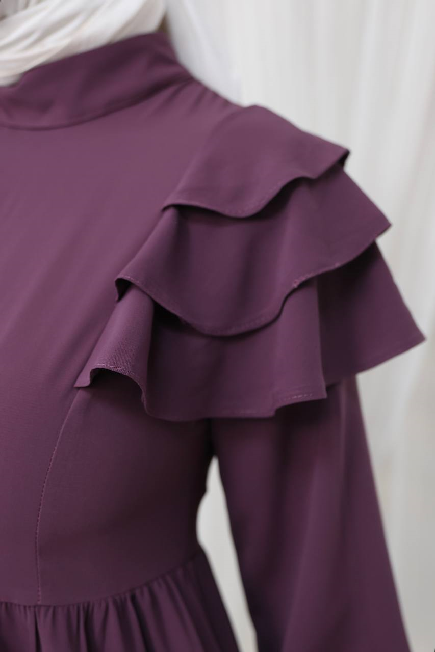 7121 Nazlı Kat Kat Elbise - Mürdüm