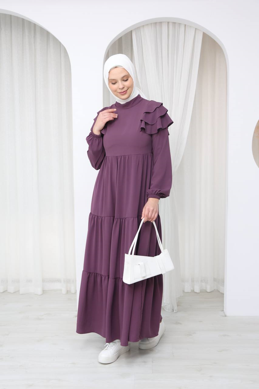 7121 Nazlı Kat Kat Elbise - Mürdüm