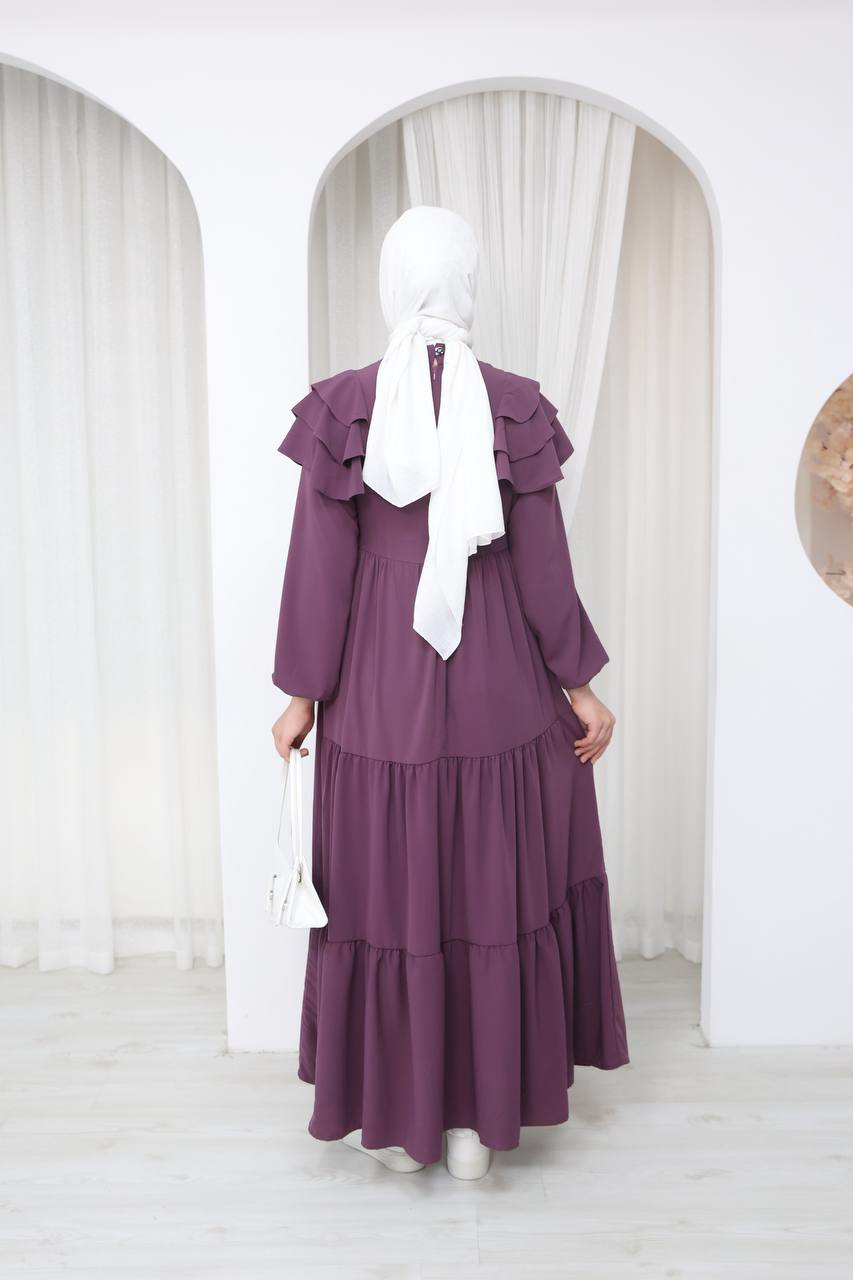 7121 Nazlı Kat Kat Elbise - Mürdüm