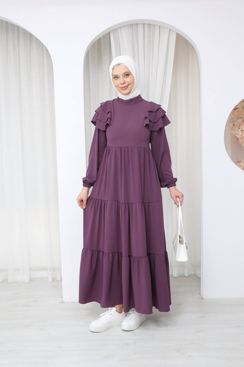 7121 Nazlı Kat Kat Elbise - Mürdüm