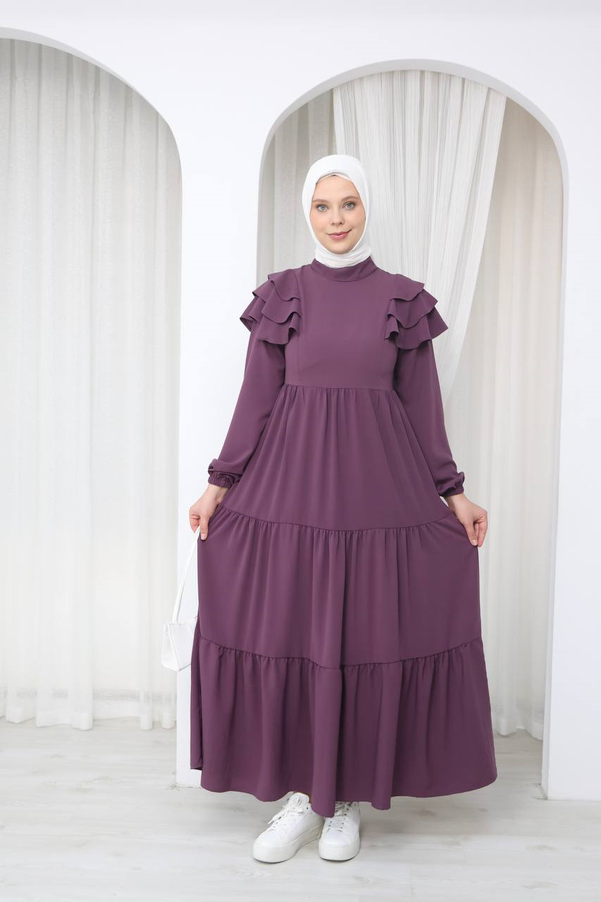 7121 Nazlı Kat Kat Elbise - Mürdüm