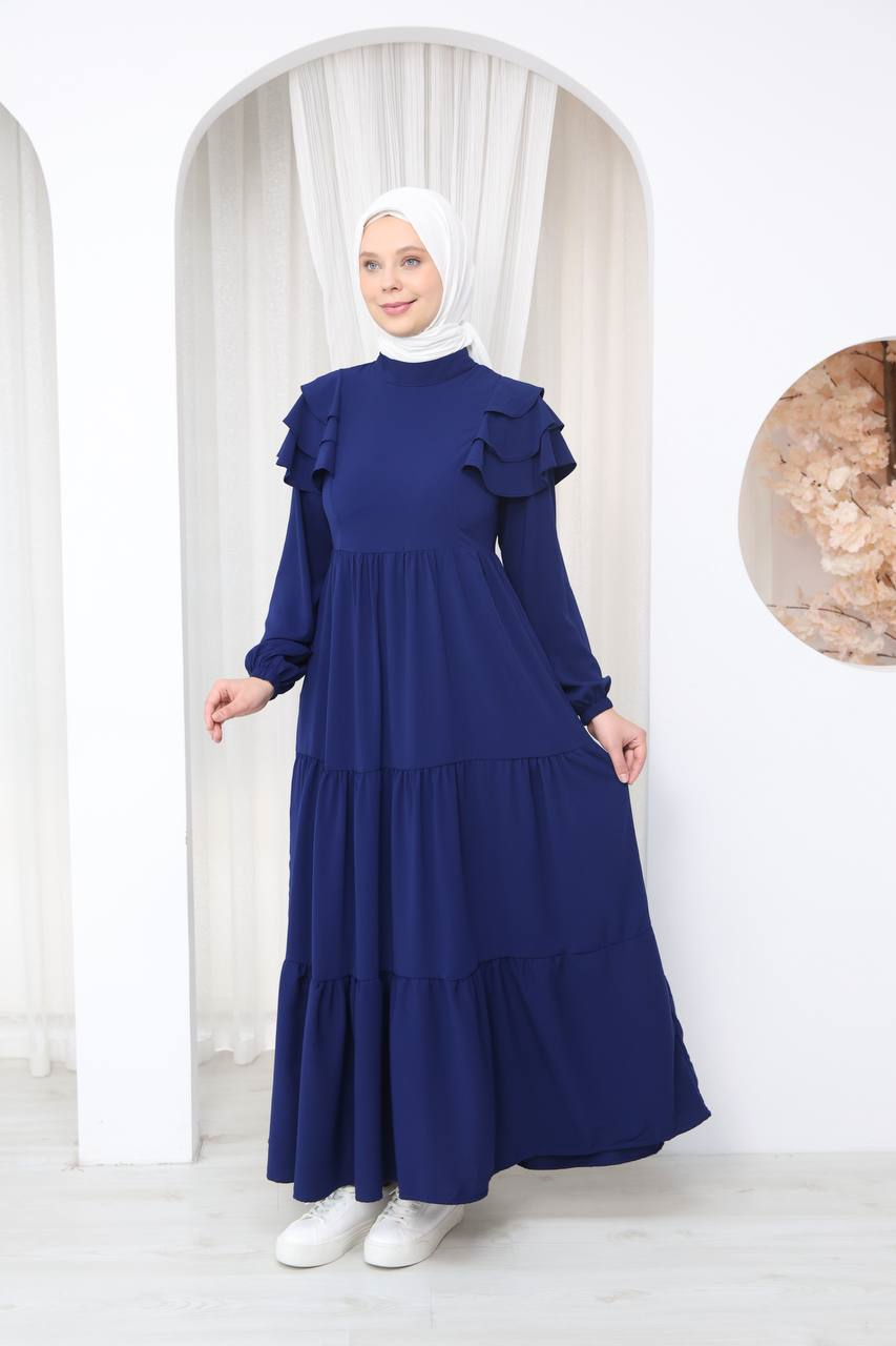 7121 Nazlı Kat Kat Elbise - Saks Mavisi